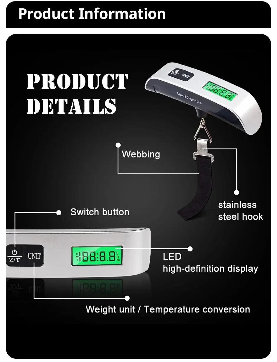Balance de Voyage Numérique Portable pour Bagages - 110lb/50kg avec Écran LCD, Outil de Pesée Électronique de Poche Compact